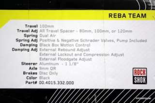 Rock Shox Reba Team 26 100mm Alum 1 1/8 BLACK Disc Only MSRP $656.00