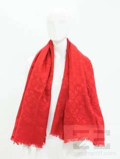 Louis Vuitton Red Silk & Wool Monogram Fringe Trim Wrap Shawl  