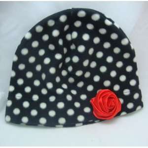  Black with White Polka Dot Fleece Hat with Red Satin Rose 