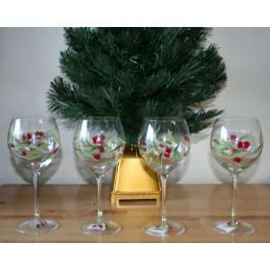  Set of 4 Hand Painted Cherry Vine Wine Glasses   15 Oz 