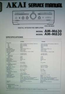 AKAI AM M630 AM M830 DIGI INT AMP SERVICE MANUAL BOUND  