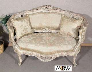 French Antique White Finish Floral Upholstered Sofa Couch Loveseat