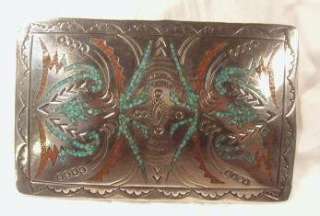 Sterling Turquoise Coral Chip Inlay Southwestern Belt Buckle Signed 