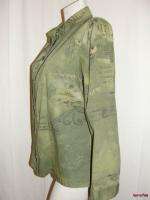 BFS11~CHICOS Green Mustard Button Tab Front Closure Jacket Size 2 L 