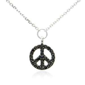   14K White Gold Peace Sign Black Diamond Pendant w/ Necklace Jewelry
