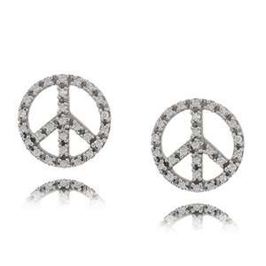  Diamond Peace Sign Earrings in 10K White Gold Studs 