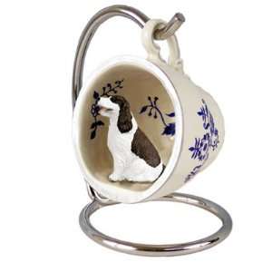   Spaniel Blue Tea Cup Dog Ornament   Liver & White