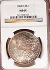 1883 O Morgan Dollar NGC graded MS64, Lustrous w/Golds & Blues