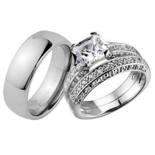 He She Sterling Silver Tungsten Princess CZ Mens Womens Wedding Ring 3 
