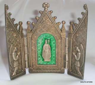 VINTAGE GOTHIC STYLE CATHEDRAL SHAPED TRIPTYCH SHRINE w/ ANGELS  