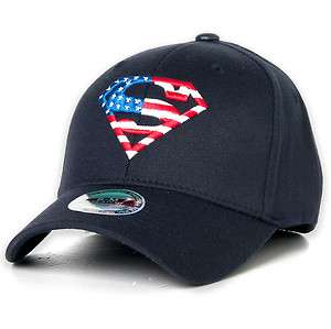 Superman American flag Baseball Cap Flexfit Spandex Hat Navy Blue 