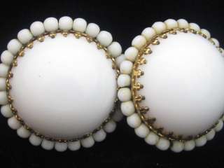   SGD MADE IN GERMANY LARGE WHITE MILK GLASS BEADED CAB CLIP ON EARRINGS