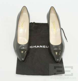 Chanel Black Leather & Patent Cap Toe Pointed Heels Size 38.5  