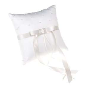   White Satin Wedding Ring Pillow with Rhinestone Brooch Knot and Pearl