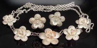  Vintage Sterling Silver Filigree Flowers Necklace & Pierced Earrings 