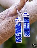Eco Friendly Blue Willow Dishware Rectangle Earrings  