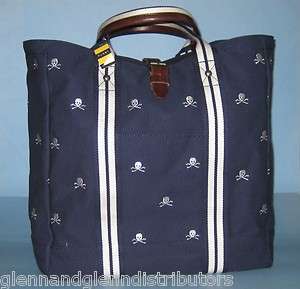 NWT Ralph Lauren Rugby Embroidered Skulls Canvas & Leather Tote Bag 