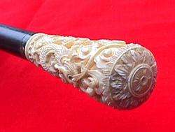 Old Asian WALKING STICK /Cane w/ Carved Oxe Bone DRAGON Handle  