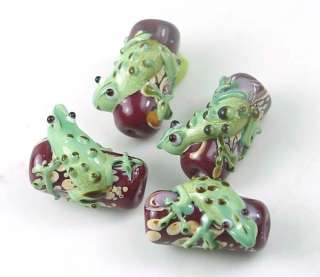 Lampwork Handmade Green Red Lizard Hug Tree Beads (4)  