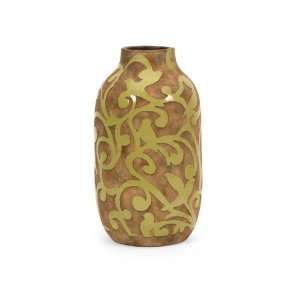   Green Glazed Vine and Bird Patterned Natural Clay Vase