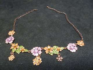 Vintage Copper Enamel Rhinestones Flower Necklace T46  