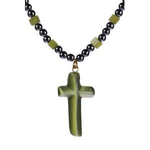  Green Cats Eye Cross on Hematite Necklace 24 Jewelry