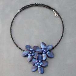 Navy Blue Shell and Pearl Flower Bouquet Necklace (Thailand 