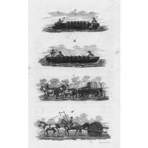   Methods of transporting barrels,small boats,wagon,1800