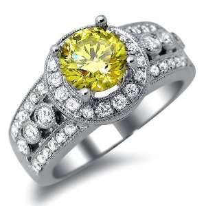   Yellow Round Diamond Halo Engagement Ring 18k White Gold Jewelry