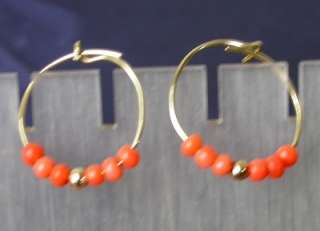 Vintage 14k Yellow Gold Antique Coral Beads Hoop Gypsy Earrings  