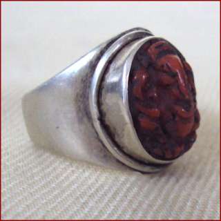 STERLING SILVER RING WITH CARVED GANESH IN RED CORAL SIZE 10 NEPAL 