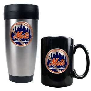 New York Mets MLB Stainless Steel Travel Tumbler & Black Ceramic Mug 