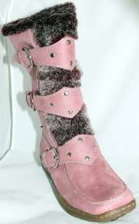 Faux Fur Multi Buckled Walking Boots Flat Heel Suede Smoky Pink Kids 