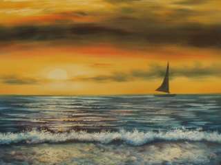 36x48 Oil Painting Art Vintage Classic Sailboat Sunrise  