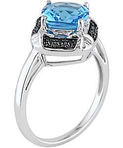 14k White Gold Blue Topaz & Black Diamond Ring  
