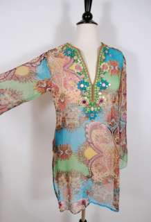 embroidered RANNA GILL multi colored 100% silk kaftan  