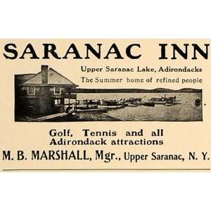 1909 Ad Saranac Inn M.B. Marshall Summer Resort Dock   Original Print 