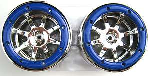Two 2.2 Blue Beadlock Rims T Maxx E Maxx Savage Revo NEW with blue 