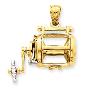 14k Gold Two tone 3 D Moveable Fishing Reel Pendant  goldia Jewelry 