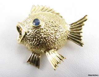 Cute 3d FISH BROOCH   14k Gold & Genuine Sapphire Ocean Sea Pin  