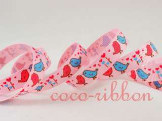 10Y Valentine Heart Bird Grosgrain Ribbon U Pick 3/8 7/8 White/Pink 
