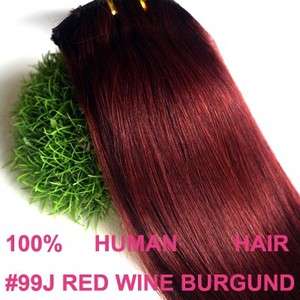20CLIP IN HUMAN HAIR EXTENSIONS RED WINE BURGUNDY #99J  