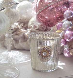 SHABBY RHINESTONE MERCURY GLASS VOTIVE CANDLE HOLDER HOLIDAY SILVER 