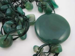   Green Jade Stone Cluster Bead On Cord Necklace Runway Big  