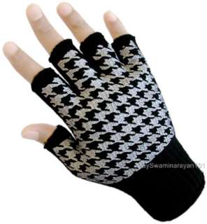 Black Knit Fingerless Gloves Chidori Houndstooth 80s  