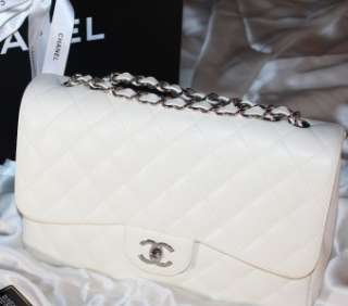 CHANEL WHITE CLASSIC QUILTED SINGLE FLAP JUMBO CAVIAR SILVER HARDWARE 