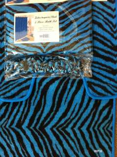   Bath rug set blue zebra animal print bathroom shower curtain mat/rings