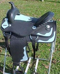 17 BLACK/SKY BLUE OSTRICH WESTERN HORSE SYNTHETIC LEATHER TRAIL 