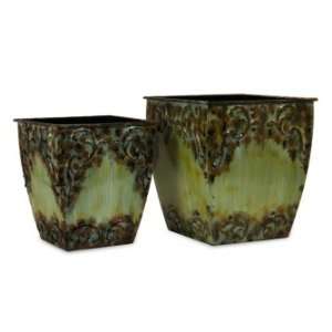    IMAX Rustic Teal Glazed Square Metal Planters