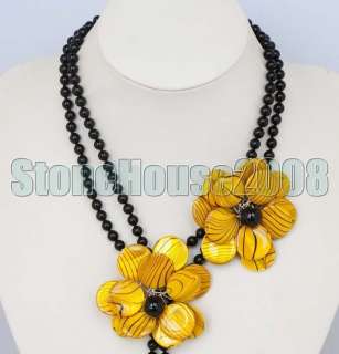 Fashion black agate onyx yellow shell flower necklace  